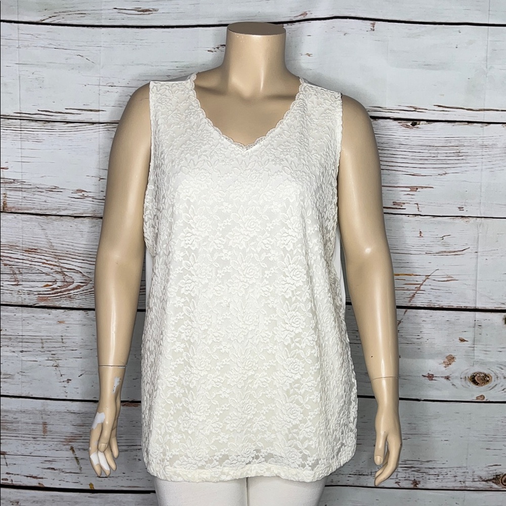 Susan Graver Essentials Sz 3X Cream - Floral Lace Overlay V-Neck Tank Top Blouse